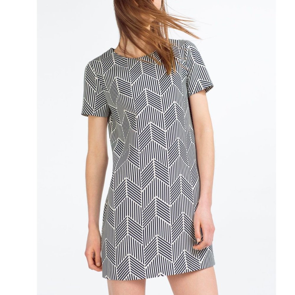 NEW Zara Geometric Pattern Striped Shift Dress - Picture 1 of 5
